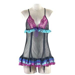 Raveware Sheer Black Mesh Babydoll Purple, Blue Aqua Ruffle Burning Man Attire